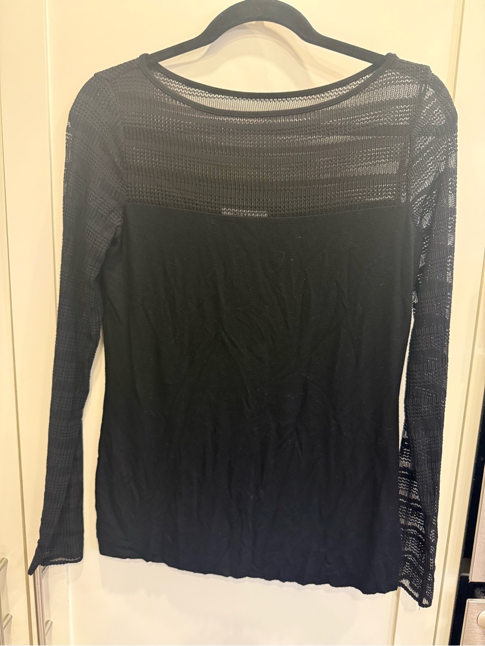 Bailey 44 Black Long-Sleeve Knit Top with Sheer Open-Knit Yoke